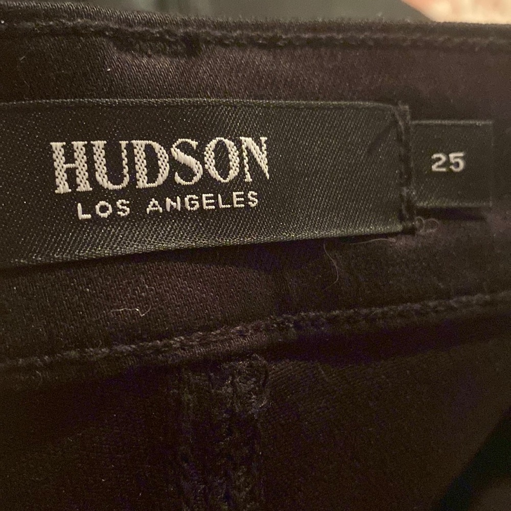 Hudson brand black vegan leather skinny jeans with side ankle zippers.